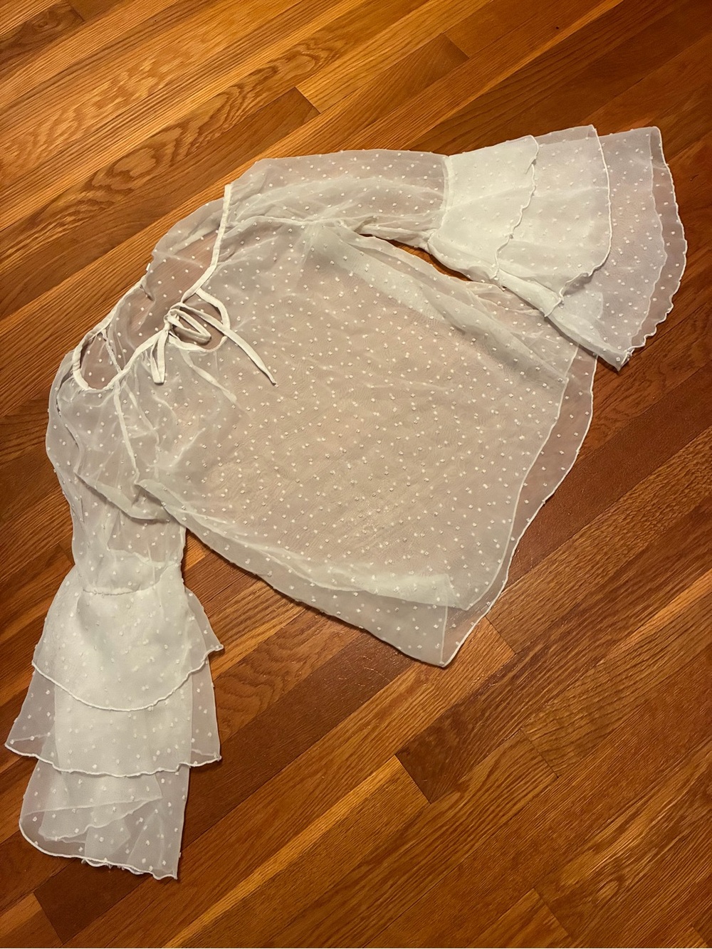 Women's White Dot Sheer Blouse with Ruffled Bell Sleeves